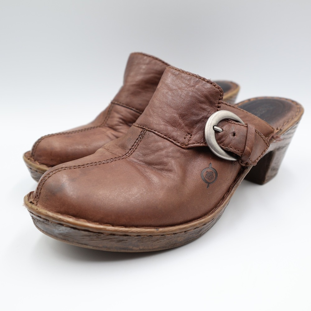 Born Shoes Womens Brown Leather Buckle Clogs‎ Mule Heel Shoes Size 8 39